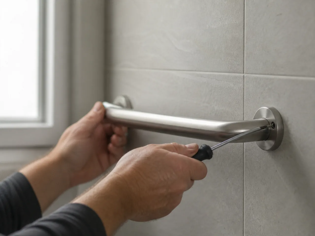 Pose d'une barre d'appui sur mur carrelé avec mains visibles