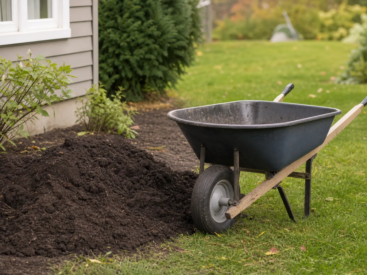 Brouette et terre propre prêtes à être récupérées au jardin