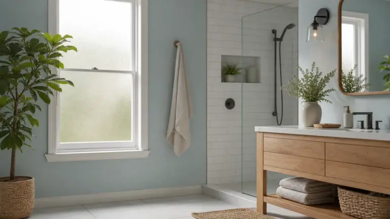 Salle de bain bleu ciel avec carrelage blanc et bois clair