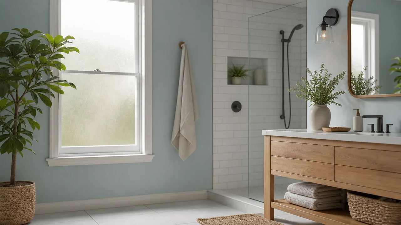 Salle de bain bleu ciel avec carrelage blanc et bois clair