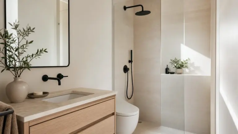 Petite salle de bain avec accents noirs et meuble bois