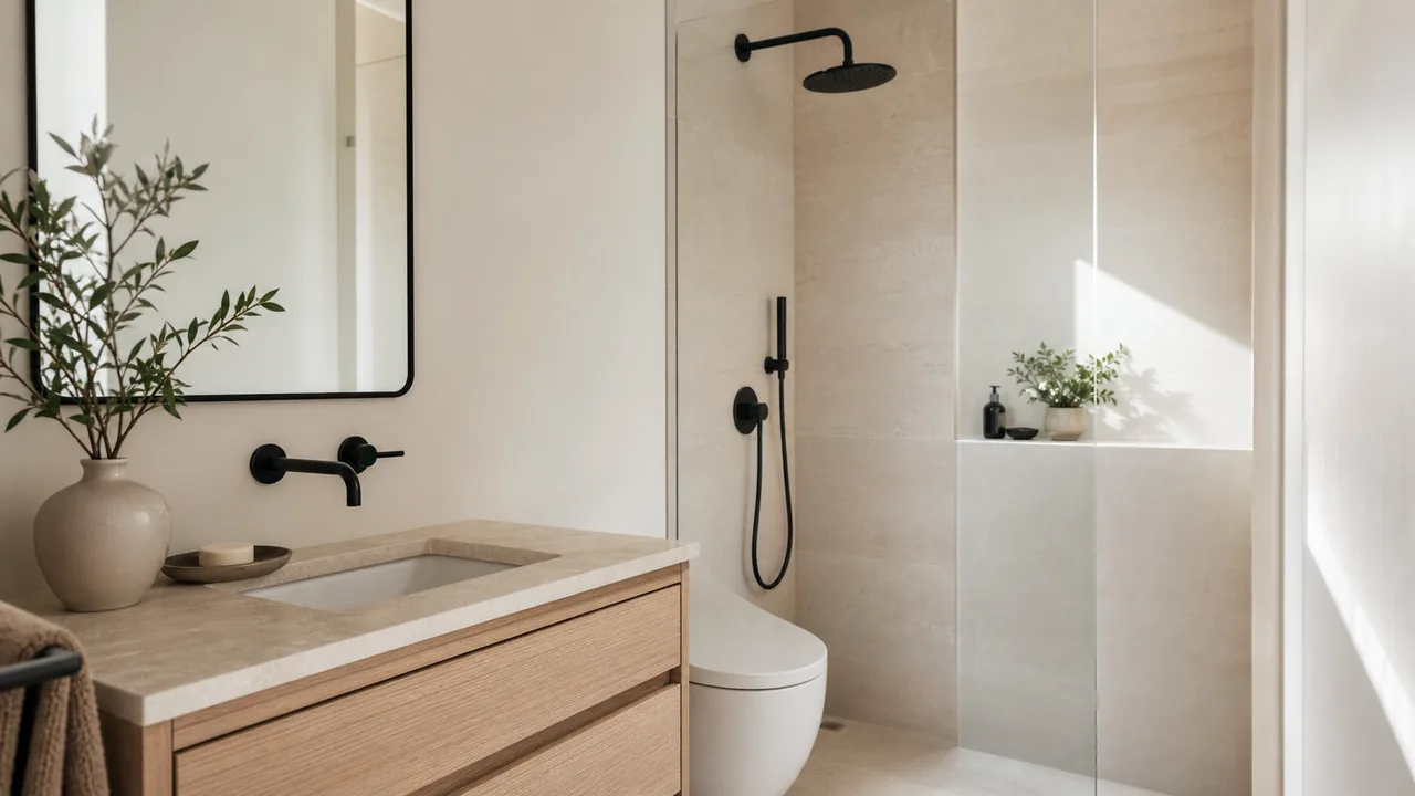 Petite salle de bain avec accents noirs et meuble bois