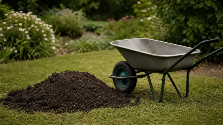 Tas de terre végétale avec brouette dans un jardin calme