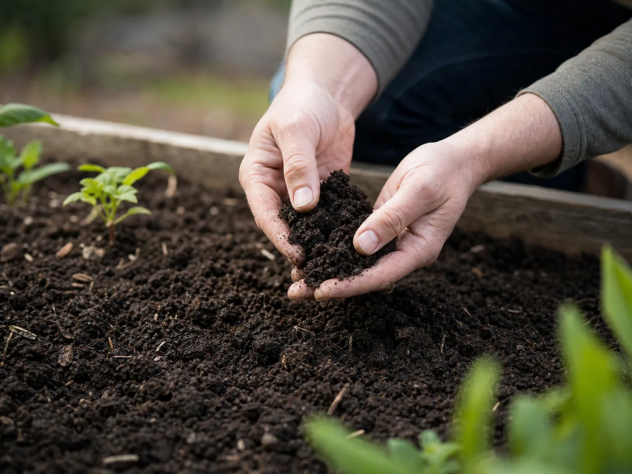 Mains vérifiant la texture d'une terre sombre au potager