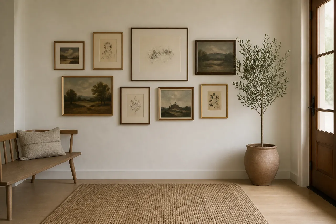 Décoration d'entrée avec mur galerie et tapis en jute