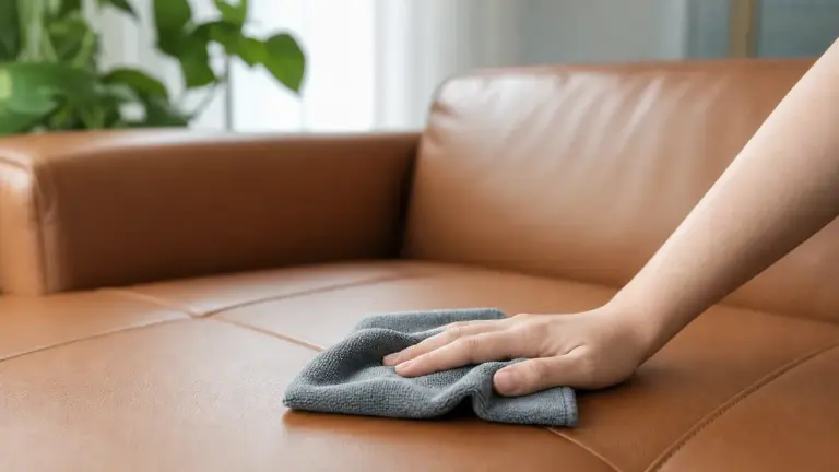 Nettoyage d'un canapé en simili cuir avec un chiffon microfibre